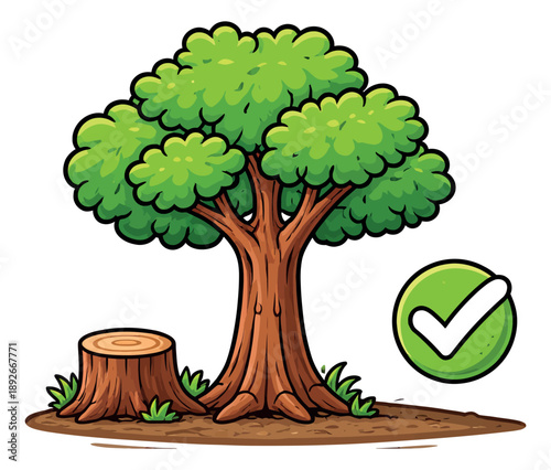 Colorful cartoon nature set featuring a lush green tree, a tree stump, and a success checkmark for environmental projects