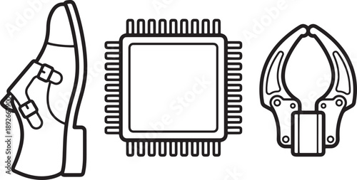 Robotic shoe computer chip and mechanical claw line art vector