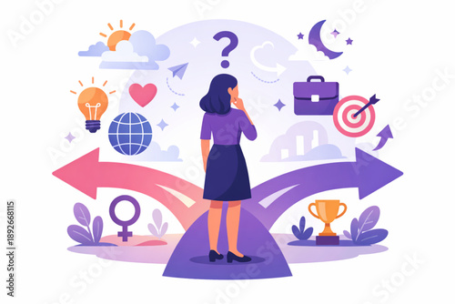 Woman standing at a crossroads surrounded by abstract decision symbols