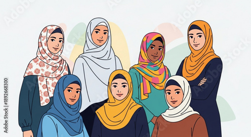 Diverse group of Muslim women wearing hijabs representing unity and cultural diversity perfect for social media and educational content