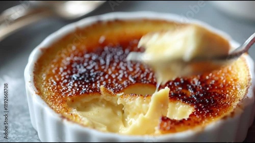 Spoon breaking the caramelized sugar crust of a crème brûlée dessert showing creamy custard underneath.