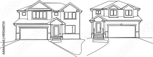 Continuous line drawing of modern suburban residential houses architecture exterior design sketch for real estate building concept.