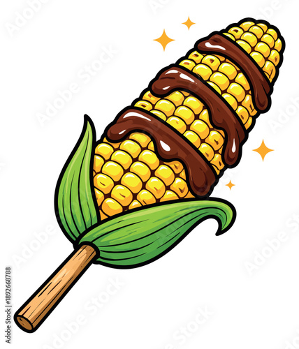 Vibrant hand drawn illustration of corn on the cob depicting chocolate drizzled and served on a stick for a sweet treat