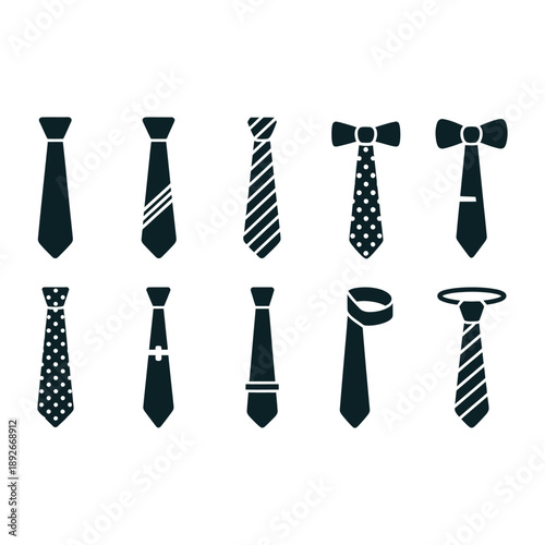 Collection of various dark silhouette icons representing different styles of men's neckties and bow ties for fashion or formal wear design concept
