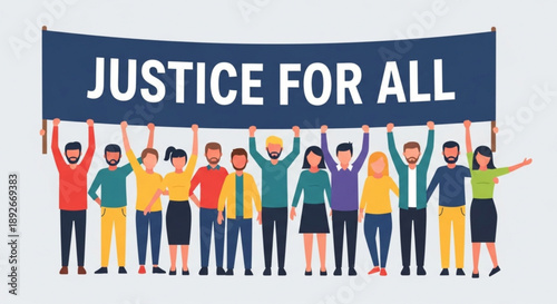 Diverse group of people holding a banner that says Justice For All symbolizing equality and human rights for a protest or demonstration