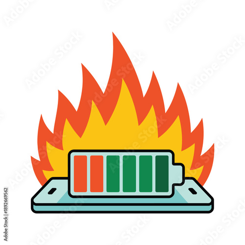 A cartoon battery icon with flames rising behind it, indicating overheating or burnout.
