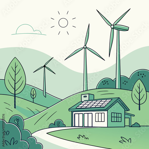 Minimal Futuristic Eco Valley with Floating Wind Turbines