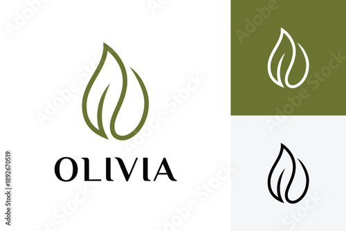 Olive Leaf Line Logo Icon Design. Abstract Monoline Oil Drop Concept Symbol for Cosmetic Brand, Organic Food, Spa Beauty, and Natural Identity Logo