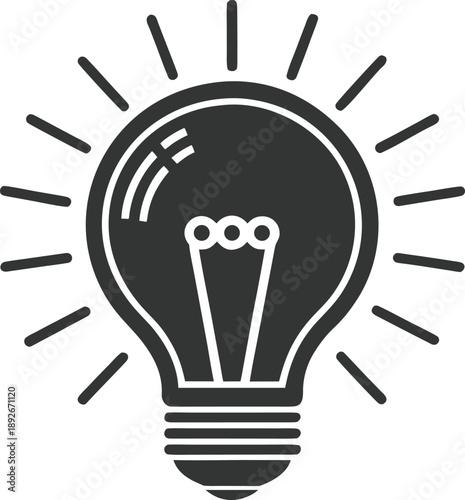 Black and white light bulb with glowing filament and radiating rays depicting ideas and innovation