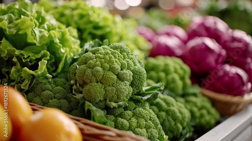 Colors fill the market with a display of lettuce, broccoli, oranges, and purple cabbage. Customers explore the vibrant food scene during a busy shopping day.