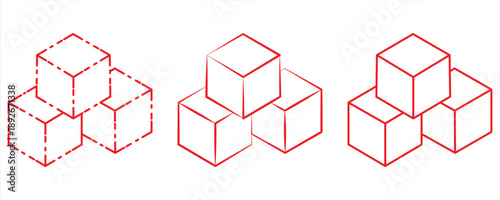 3D red cube line icon, Concept for cube infrastructure, blockchain, crypto, cloud, or building blocks. 3D cube, module structure, solid red line, or logo, vector illustration.

