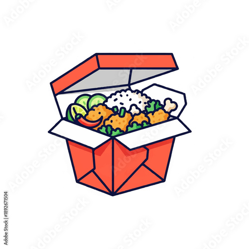 Takeaway food box with rice and chicken