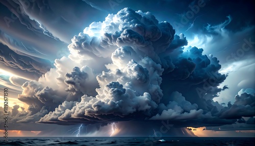 A dramatic depiction of a cumulonimbus cloud system over a vast ocean, with flashes of lightning illuminating the scene