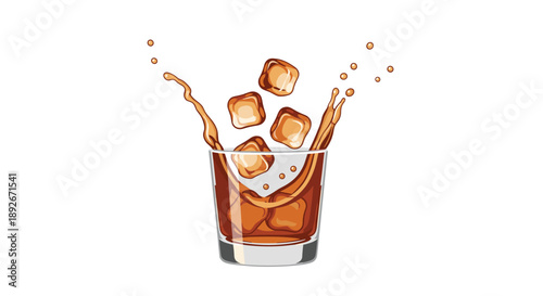 Whiskey on the Rocks with Ice Cubes Falling and Dynamic Liquid Splash in Clear Glass