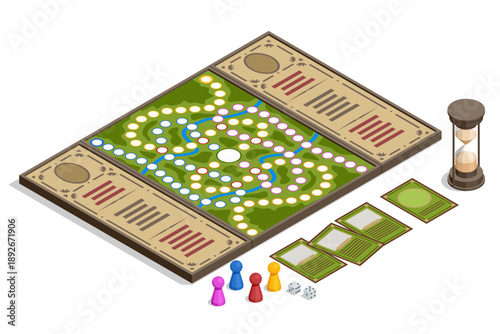 Classic board game. Isometric classic board game with card, dice, hourglass and player token. Family entertainment and tabletop leisure concept illustration.