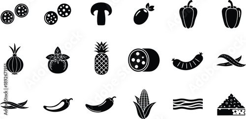 A collection of black and white icons featuring ingredients for delicious pizza toppings