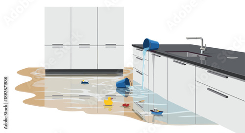 Flooded Modern Kitchen Interior with Water and Floating Toy Boats for Home Insurance Concept