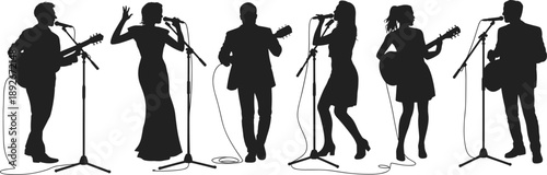 Silhouette group of musicians and singers performing on stage with guitars and microphones