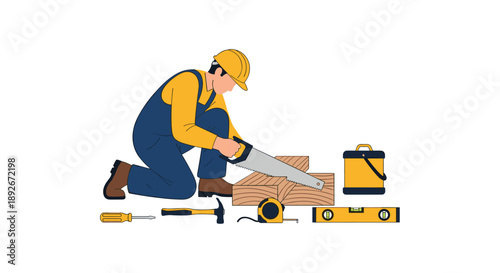 Carpenter Sawing Wood with Hand Saw and Professional Tools Set for Woodworking Project