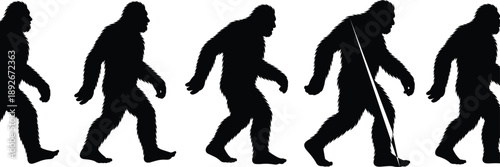 Five black silhouettes of Bigfoot walking in a row against a white background Sasquatch