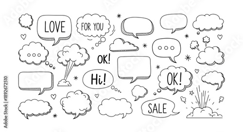 A collection of hand-drawn speech bubbles and thought clouds with various text and symbols, illustrating communication and ideas.