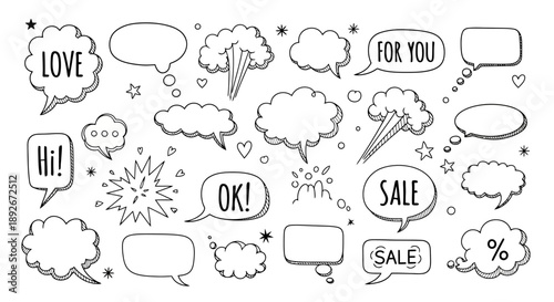 A collection of hand-drawn speech bubbles and thought clouds with various words and symbols, suitable for graphic design and communication.