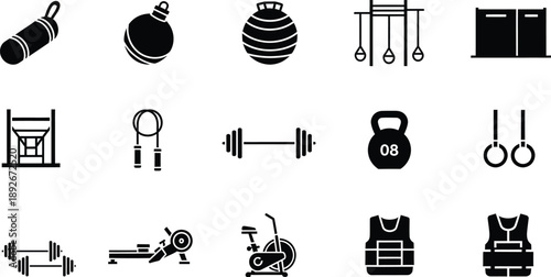 A comprehensive collection of black glyph icons representing various gym and fitness equipment