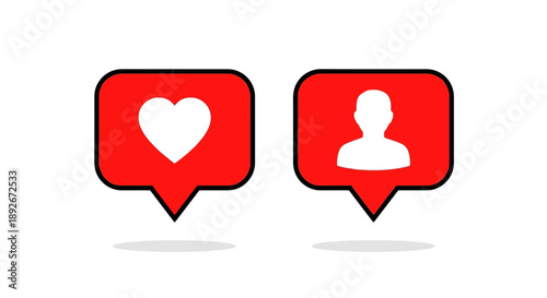 Two red notification bubbles, one with a white heart icon and the other with a white person icon, symbolizing social media likes and follows.