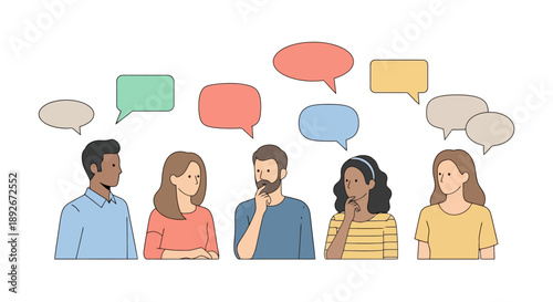 Diverse group of people engaged in thoughtful discussion, with speech bubbles representing their ideas and communication.
