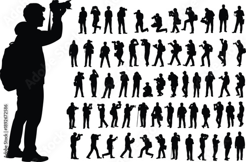 Collection of black silhouettes of people holding cameras and taking photographer