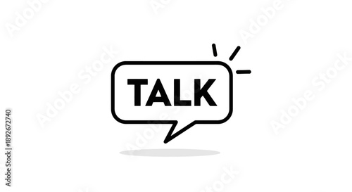 A simple black and white illustration of a speech bubble with the word TALK inside.