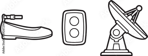 A set of three black and white line art illustrations of a ballet flat, speaker, and satellite dish