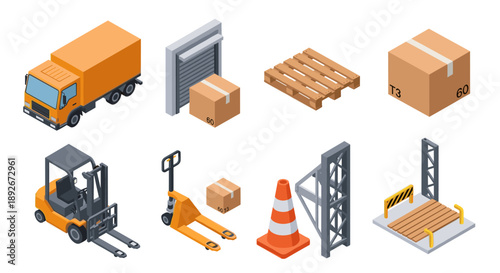 Isometric warehouse equipment set featuring forklift and pallet