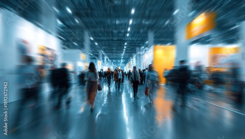 Blurred people walking in a large exhibition hall or convention center.