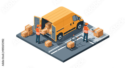 Isometric delivery concept with workers unloading boxes from van