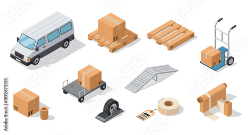 Isometric logistics elements: van, boxes, pallet, ramp, and dolly for efficient transport solutions