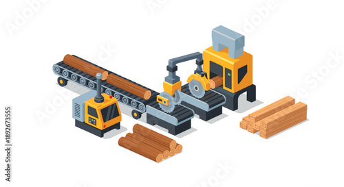 Isometric Sawmill Factory with Machinery Processing Logs into Professional Lumber Planks
