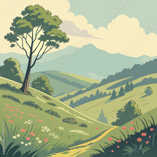Summer Mountain Foothills Landscape, Majestic Scenery