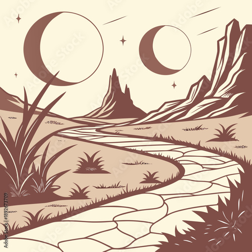 Alien landscape with two suns casting crossing shadows