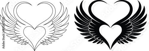 Stylized Heart With Wings In Outline And Silhouette love symbol