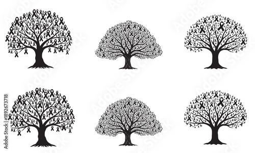 Black ribbon awareness trees symbolizing support and remembrance for various causes.
