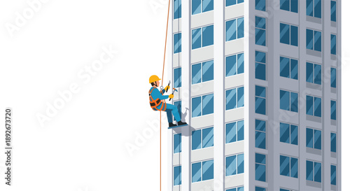 Window Washer Hanging from High Rise Building for Professional External Maintenance Service