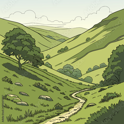 Verdant Valley Between Green Hills, Idyllic Scenery