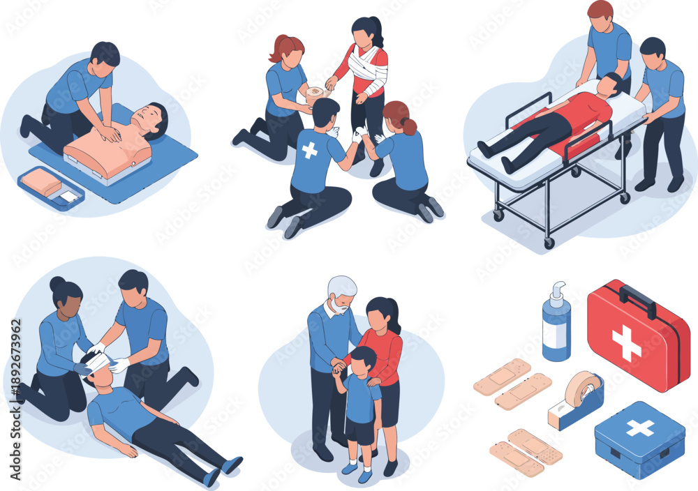 Fototapeta premium First Aid and Medical Assistance Scene Illustrations: CPR, Bandaging, and Ambulance