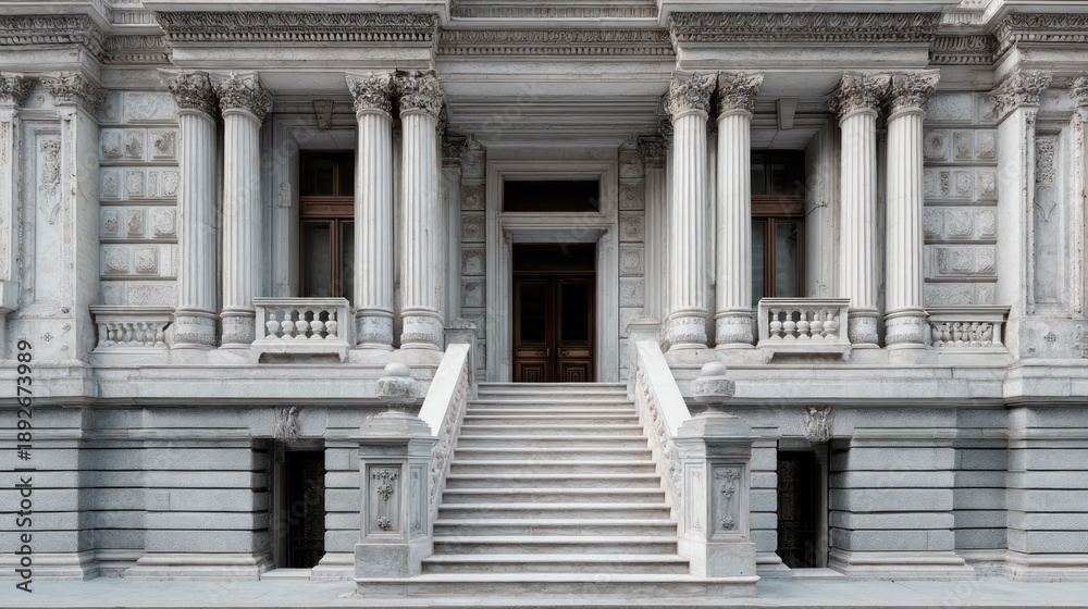 Fototapeta premium Ornate building with columns and stairs leading to a wooden door, showcasing classical architectural details