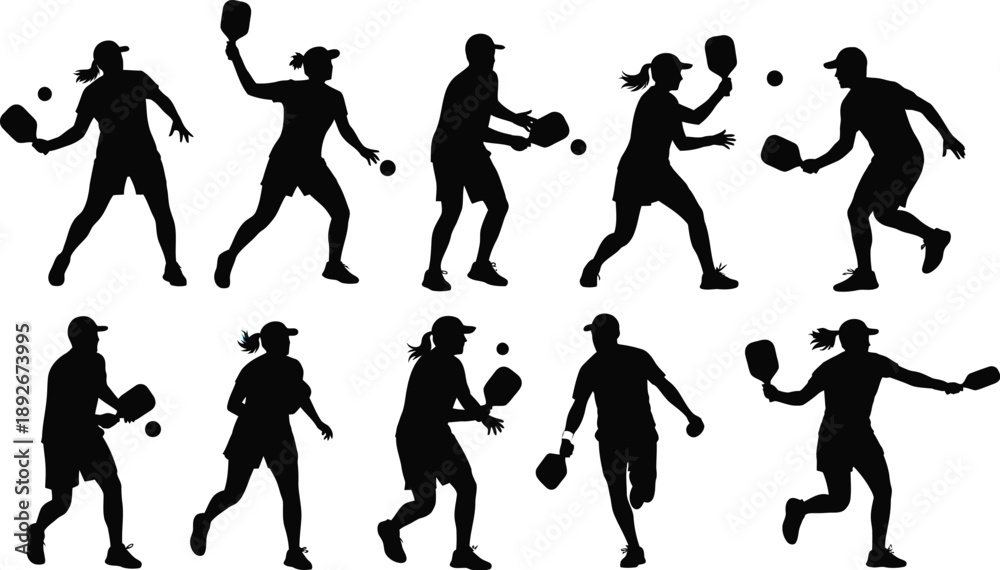 Fototapeta premium Dynamic Silhouettes of Pickleball Players in Action: Serving, Hitting, and Moving