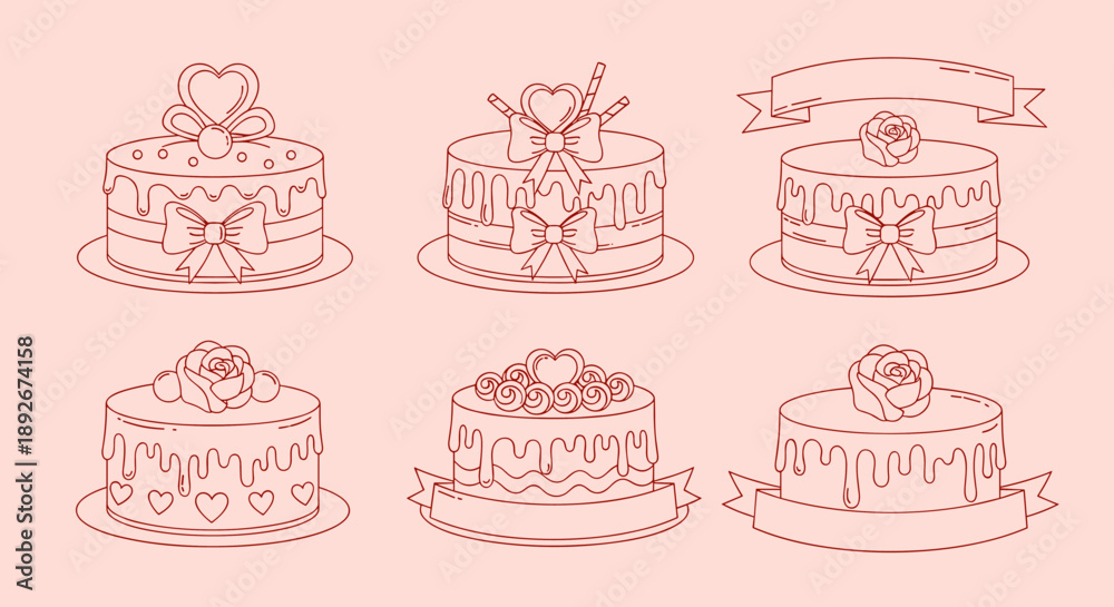 Obraz premium Elegant linear cake designs with roses and bows on pastel background