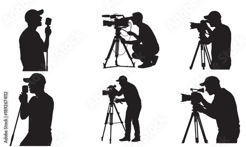 Silhouette of a person with a microphone and camera operators filming