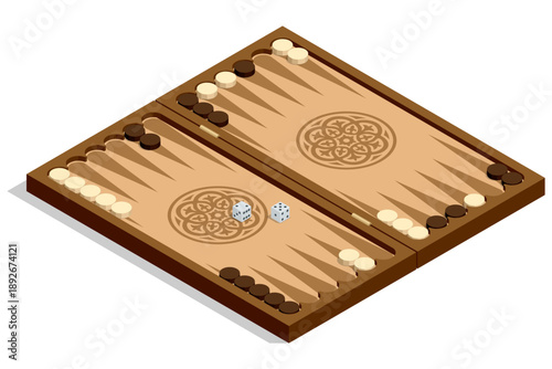 Backgammon board. Isometric backgammon board with chip and dice. Traditional tabletop game concept for strategy, logic and leisure illustration in classic wooden style.