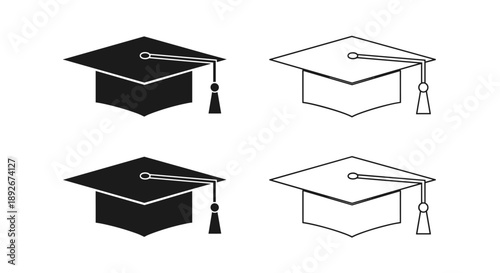 Graduation cap icons set: minimalist and black and white outlined designs